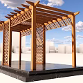 Wooden Pergola with Lattice Side Panels and Top Beam Structure on Black Marble Platform
