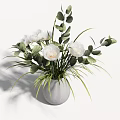 White Vase With White Flowers Green Leaves And Long Grass Blades