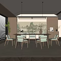 Modern Elegant Restaurant Interior With Wooden Table White Chairs Pendant Lights And Landscape Painting