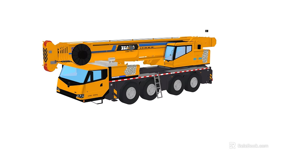 Yellow Mobile Crane Utility Vehicle With Extended Boom And Multiple Tires 3d model 
