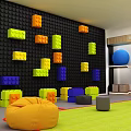 Modern Leisure Area With Treadmills Bean Bags Green Carpet And Red Exercise Ball