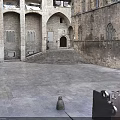 Ancient Building Courtyard With Arched Doors Windows Stone Steps Historic Brick Walls Paved Ground