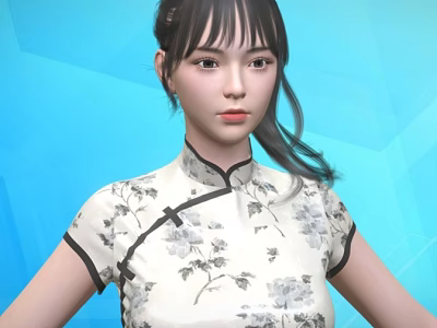 Young Woman Wearing Traditional Cheongsam With Floral Pattern On Blue Background 3d model