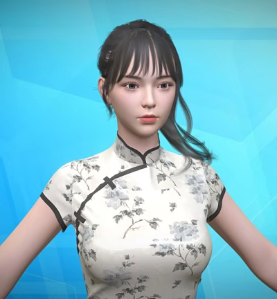 Young Woman Wearing Traditional Cheongsam With Floral Pattern On Blue Background 3d model