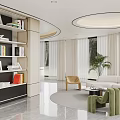 Elegant Modern Reception Area With Round White Sofa Black Coffee Table And Green Chairs
