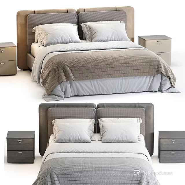 Double Bed with Brown and Gray Headboard White Pillows Comfortable Bedding and Matching Nightstands 3d model 