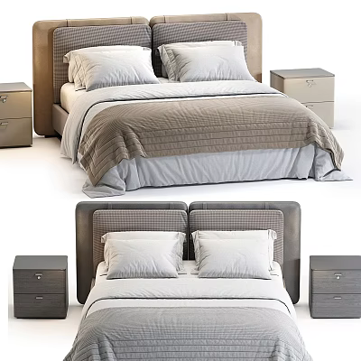 Double Bed with Brown and Gray Headboard White Pillows Comfortable Bedding and Matching Nightstands 3d model