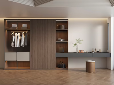 Modern Open Wardrobe Interior With Wooden Panels Hanging Clothes And Side Stool 3d model