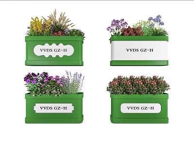 Garden Accent Planter Boxes in Green with Various Flowers and Plants 3d model