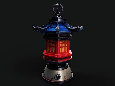 Traditional Chinese Style Chandelier With Blue Pagoda Roof Red Lattice Body And Silver Base 3d model