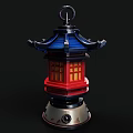 Traditional Chinese Style Chandelier With Blue Pagoda Roof Red Lattice Body And Silver Base