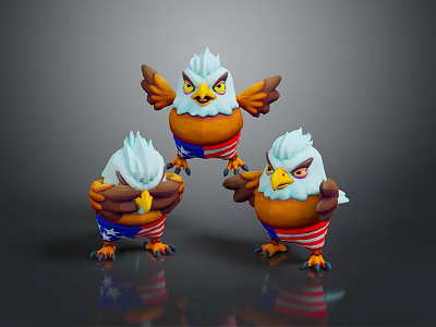 Cartoon Eagle Characters With American Flag Elements In Vibrant Colors And Various Poses 3d model