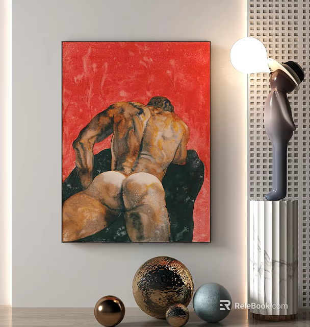 Modern Artwork Featuring Human Back Figure Red Background And Decorative Sculpture 3d model