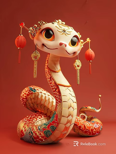 Chinese Traditional Snake Shaped Art Installation With Red Lanterns And Golden Decorations 3d model 