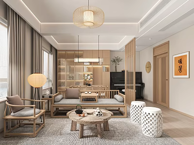 Modern Chinese Living and Dining Room Interior With Sofa Coffee Table Pendant Light And Piano 3d model
