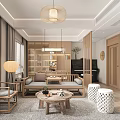 Modern Chinese Living and Dining Room Interior With Sofa Coffee Table Pendant Light And Piano