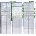 Modern Transparent Interior Partition With Grid Design And Trees Behind 3d model