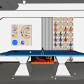 Blue Ping Pong Table as Indoor Sports Equipment with Racket Balls and Decorative Wall Panels