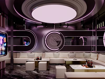 Modern KTV Lounge With Purple Lighting Circular Decorations Sofas Coffee Tables And TV Screen 3d model
