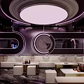 Modern KTV Lounge With Purple Lighting Circular Decorations Sofas Coffee Tables And TV Screen