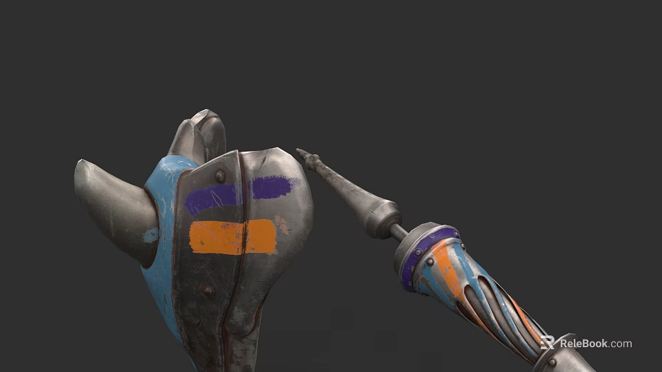 Game Movie Character Mechanical Arm With Blue Purple Orange Accents Worn Metal Texture Striped Design 3d model 