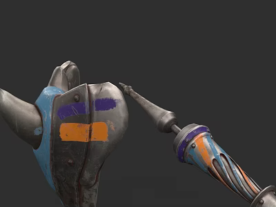 Game Movie Character Mechanical Arm With Blue Purple Orange Accents Worn Metal Texture Striped Design 3d model