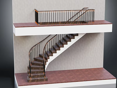 Modern Spiral Staircase With Dark Wooden Steps Metal Railings And Light Striped Wall 3d model