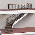 Modern Spiral Staircase With Dark Wooden Steps Metal Railings And Light Striped Wall