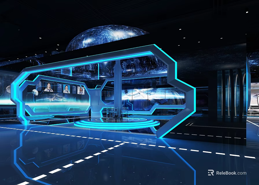 Futuristic Interior Design With Blue Neon Lights Geometric Frames And Spherical Structure On Reflective Floor 3d model 