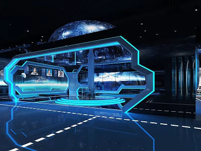 Futuristic Interior Design With Blue Neon Lights Geometric Frames And Spherical Structure On Reflective Floor 3d model