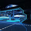 Futuristic Interior Design With Blue Neon Lights Geometric Frames And Spherical Structure On Reflective Floor