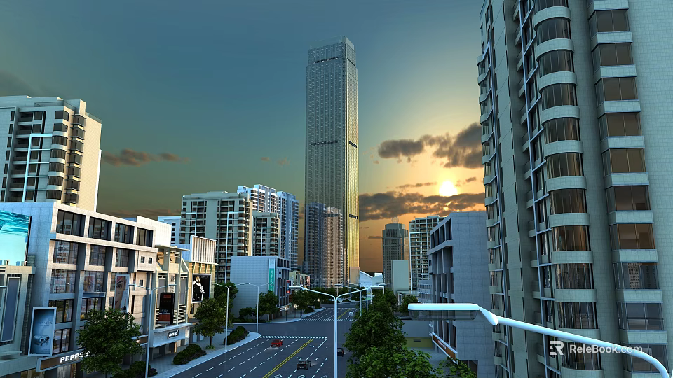 Urban Road Infrastructure With Street Lamps And High-Rise Buildings At Sunset 3d model 