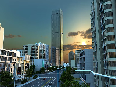 Urban Road Infrastructure With Street Lamps And High-Rise Buildings At Sunset 3d model