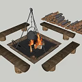 Garden Outdoor Bonfire Setup With Wooden Benches Stacked Firewood And Hanging Kettle