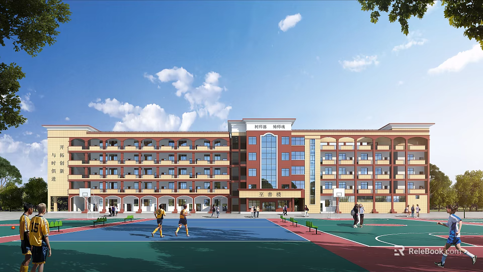 Multi Story School Building With Red Yellow Facade Basketball Court Students Playing Under Blue Sky 3d model 