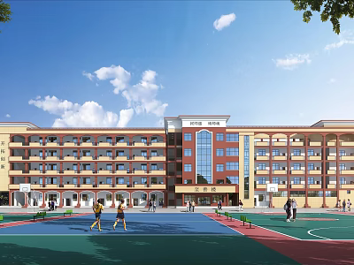 Multi Story School Building With Red Yellow Facade Basketball Court Students Playing Under Blue Sky 3d model