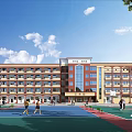Multi Story School Building With Red Yellow Facade Basketball Court Students Playing Under Blue Sky