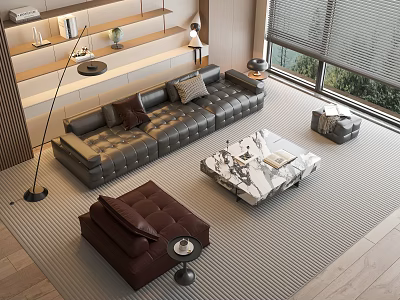 Elegant Modern Leather Sofa And Marble Coffee Table Set With Ottoman Floor Lamp And Window 3d model