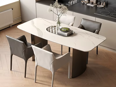 Modern Dining Table Set With White Marble Top And Gray White Chairs In Kitchen Space 3d model