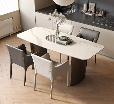 Modern Dining Table Set With White Marble Top And Gray White Chairs In Kitchen Space 3d model