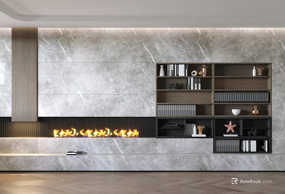 Modern TV Background Wall With Marble Surface Fireplace And Bookshelf Decorations 3d model
