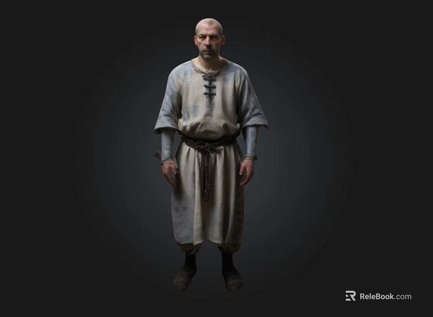 Bald Headed Male Character In Traditional Robe With Belt On Dark Background 3d model 