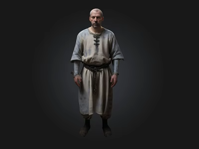 Bald Headed Male Character In Traditional Robe With Belt On Dark Background 3d model