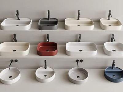 Washbasins With Square And Round Shapes In Various Colors Arranged In Three Layers 3d model