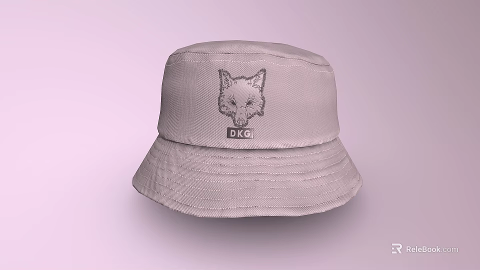 Light Gray Bucket Hat With Fox Head Embroidery And D.O.G Lettering 3d model 