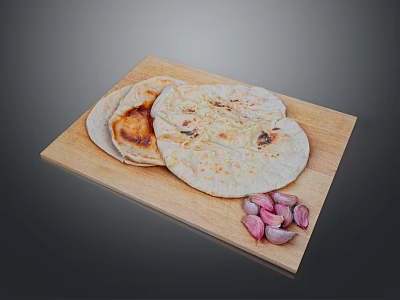 Delicious Freshly Baked Flatbreads Served With Garlic Cloves On Wooden Board 3d model