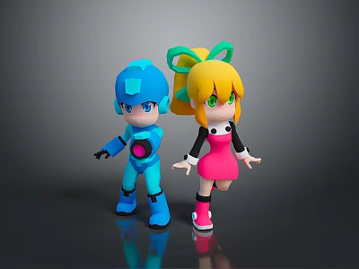 Cute Game Characters Blue Robot And Yellow Haired Girl With Green Bow In Pink Dress 3d model
