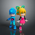 Cute Game Characters Blue Robot And Yellow Haired Girl With Green Bow In Pink Dress