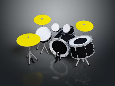 Musical Instrument Drum Set With Yellow Cymbals Black Drums And White Drumheads 3d model