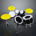 Musical Instrument Drum Set With Yellow Cymbals Black Drums And White Drumheads